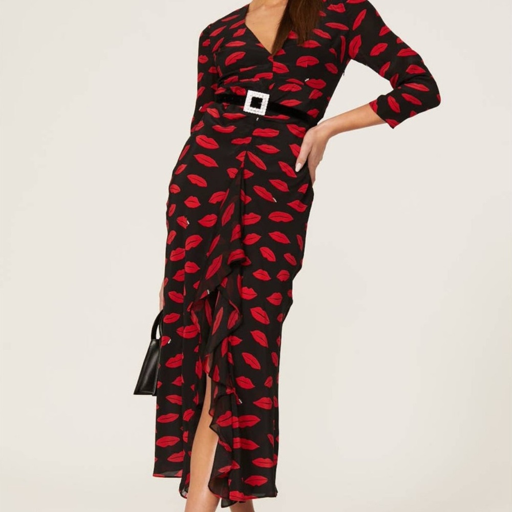 RIXO Silk Black Dress with Red Lip Pattern